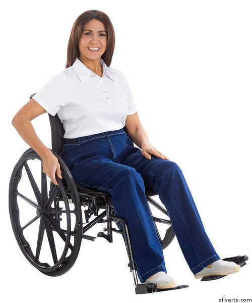 Womens Designer Open-Back Wheelchair Jeans By Izzy Camilleri - Soft Stretchable Denim Jean